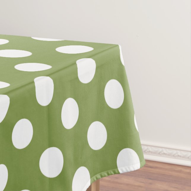 White polka dots on olive green tablecloth (In Situ)