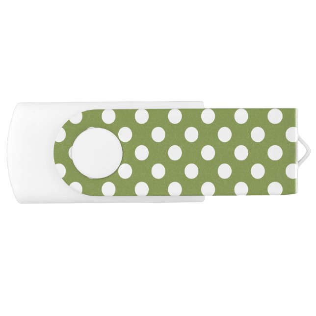 White polka dots on olive green USB flash drive (Front)