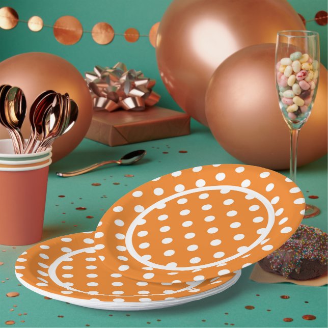 White Polka Dots On Orange  Paper Plates (Multi)