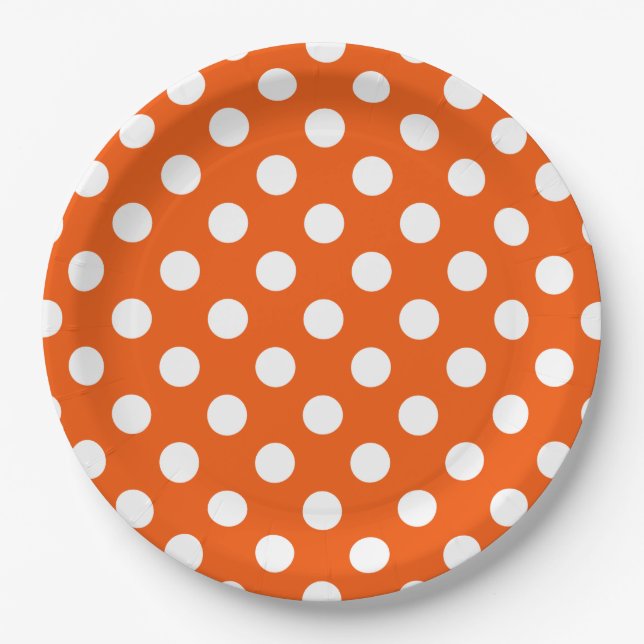 White polka dots on orange paper plates (Front)