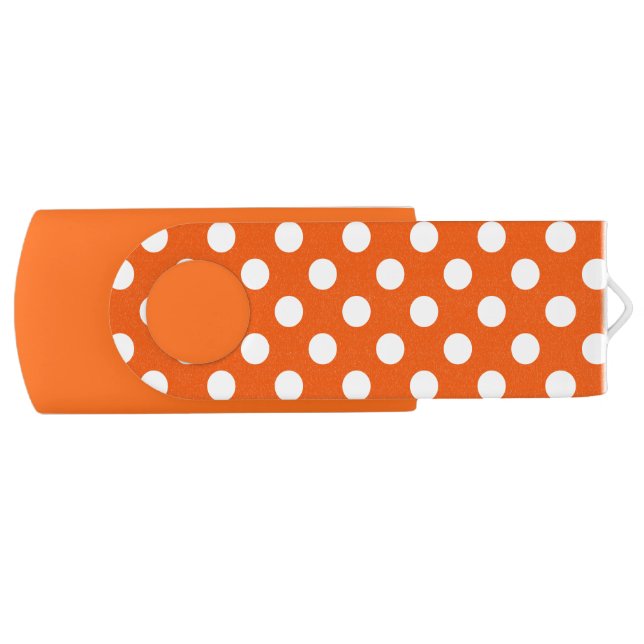 White polka dots on orange USB flash drive (Front)