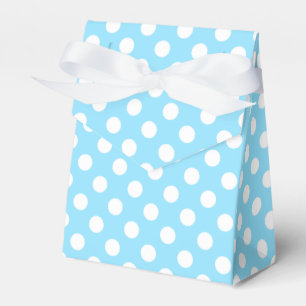 White polka dots on pale blue favor boxes