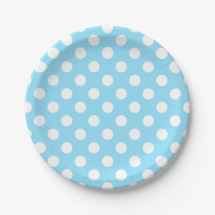 White polka dots on pale blue paper plates