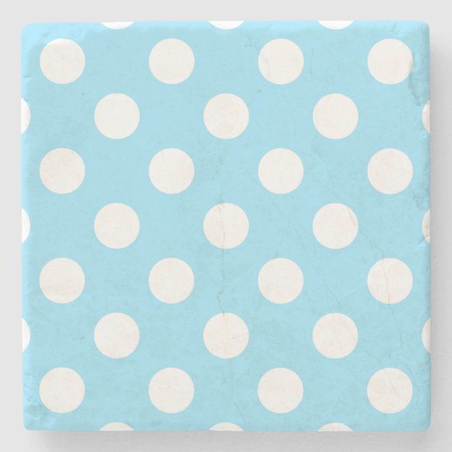 White polka dots on pale blue stone coaster (Front)