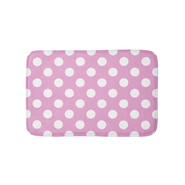 White polka dots on pale pink bathroom mat (Front)