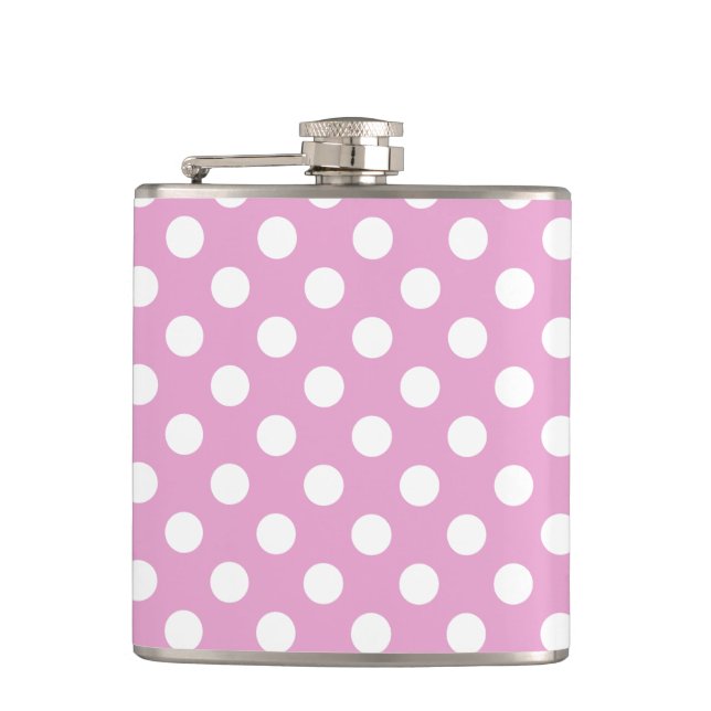 White polka dots on pale pink flask (Front)