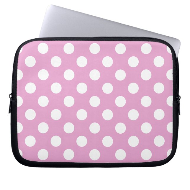 White polka dots on pale pink laptop sleeve (Front)