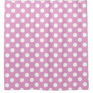 White polka dots on pale pink shower curtain