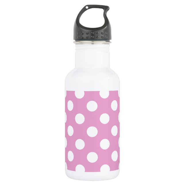 White polka dots on pale pink stainless steel water bottle (Front)