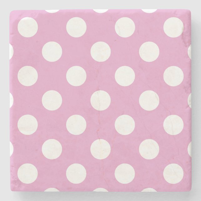 White polka dots on pale pink stone coaster (Front)