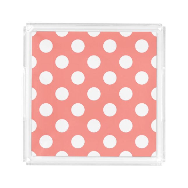 White polka dots on peach acrylic tray (Front)