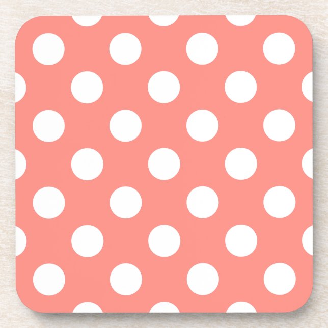 White polka dots on peach beverage coaster (Front)