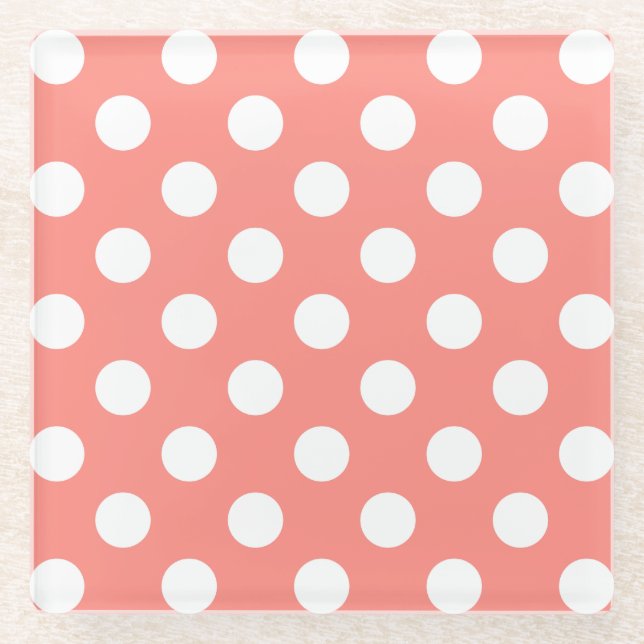 White polka dots on peach glass coaster (Front)