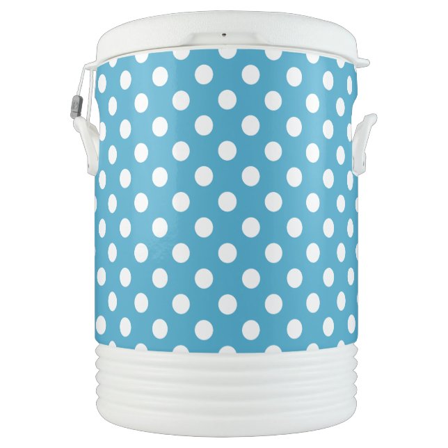 White Polka Dots on Peacock Blue Background Beverage Cooler (Back)