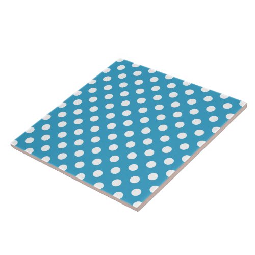 White Polka Dots on Peacock Blue Background Ceramic Tile