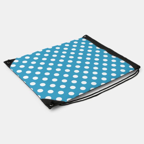 White Polka Dots on Peacock Blue Background Drawstring Bag