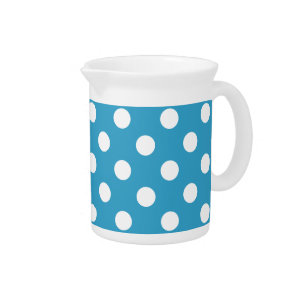 White Polka Dots on Peacock Blue Background Drink Pitcher
