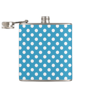 White Polka Dots on Peacock Blue Background Flask