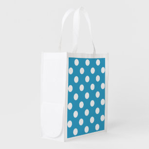 White Polka Dots on Peacock Blue Background Grocery Bag