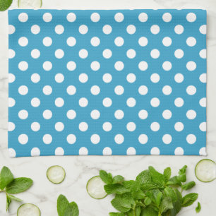 White Polka Dots on Peacock Blue Background Kitchen Towel