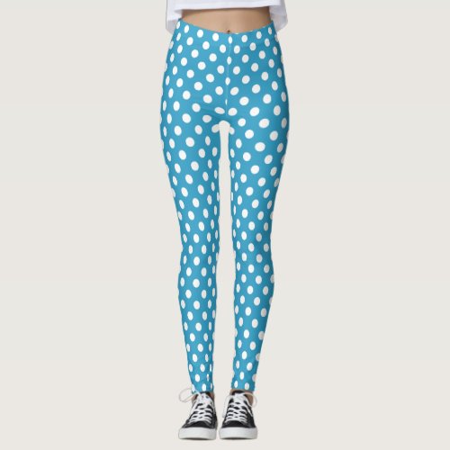 White Polka Dots on Peacock Blue Background Leggings