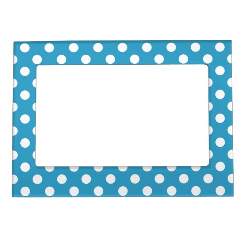 White Polka Dots on Peacock Blue Background Magnetic Picture Frame