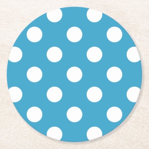 White Polka Dots on Peacock Blue Background Round Paper Coaster