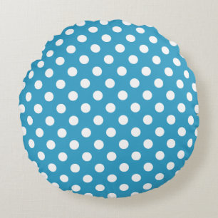White Polka Dots on Peacock Blue Background Round Pillow