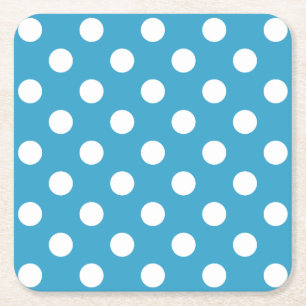 White Polka Dots on Peacock Blue Background Square Paper Coaster