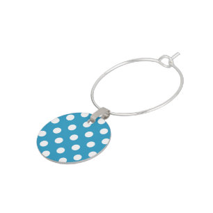 White Polka Dots on Peacock Blue Background Wine Glass Charm