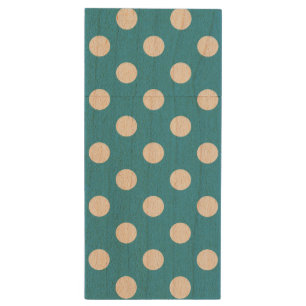White Polka Dots on Peacock Blue Background Wood USB Flash Drive
