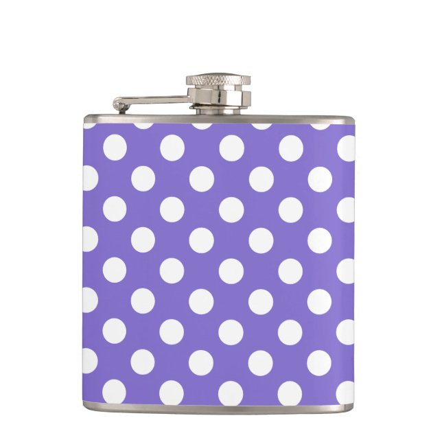 White polka dots on periwinkle flask (Front)