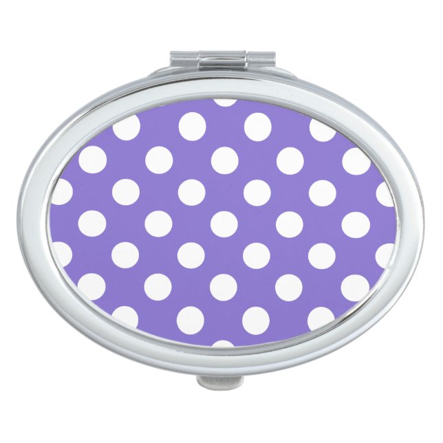 White polka dots on periwinkle makeup mirror (Front)