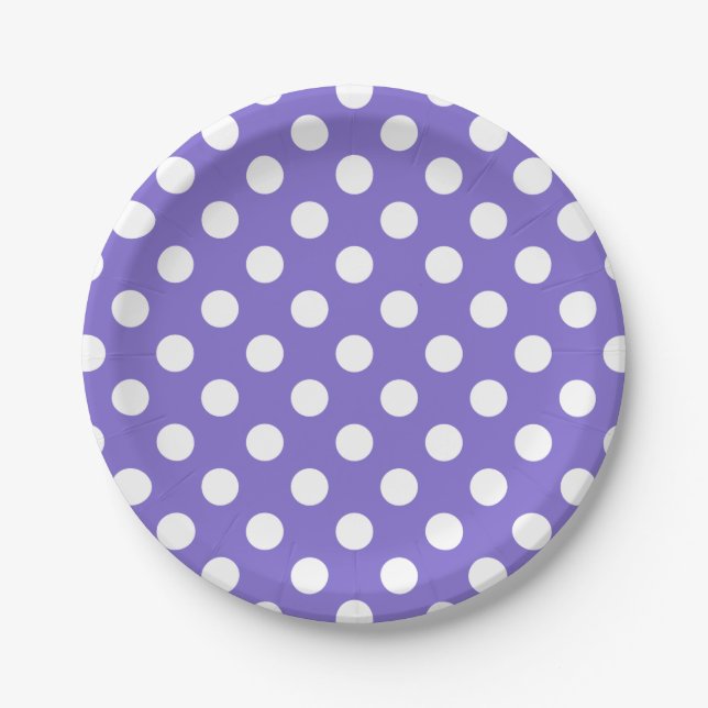 White polka dots on periwinkle paper plates (Front)