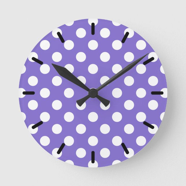 White polka dots on periwinkle round clock (Front)