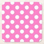 White Polka Dots On Pink Square Paper Coaster at Zazzle