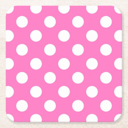 White Polka Dots On Pink Square Paper Coaster