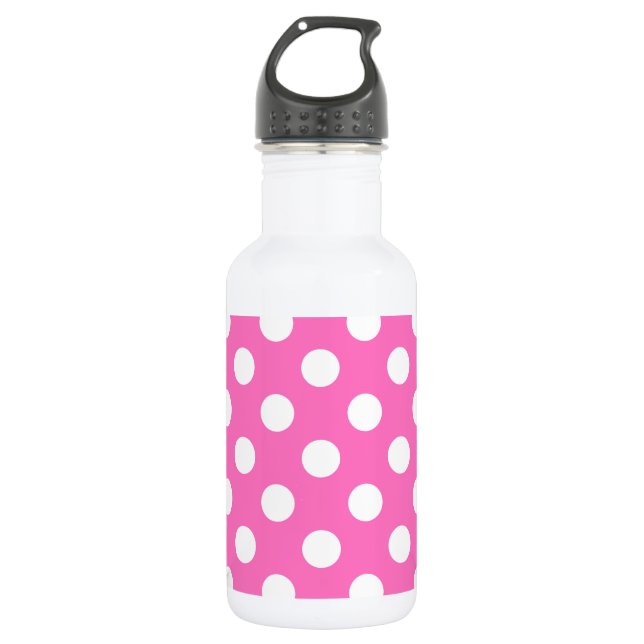 White polka dots on pink stainless steel water bottle (Front)