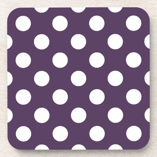 White polka dots on plum purple beverage coaster (Front)
