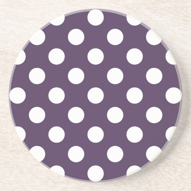 White polka dots on plum purple drink coaster (Front)