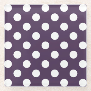 White polka dots on plum purple glass coaster