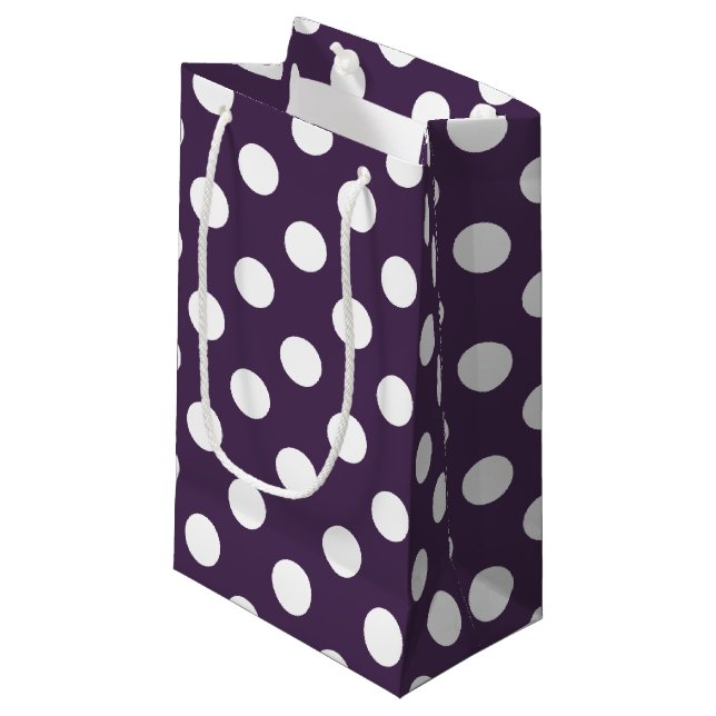 White polka dots on plum purple small gift bag (Front Angled)