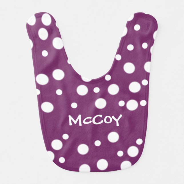 White Polka Dots on Purple Personalized Baby Bibs (Front)