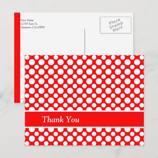 White Polka-Dots on Red Custom Thank You Postcard (Front/Back)
