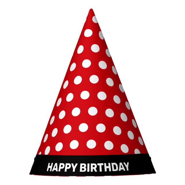 White Polka Dots on Red Happy Birthday Party Hat (Front)