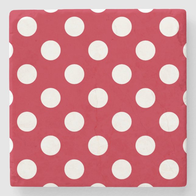 White polka dots on red stone coaster (Front)