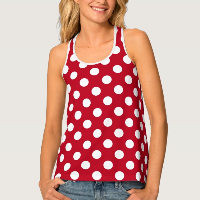 White polka dots on red tank top (Front)