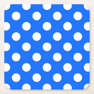 White polka dots on royal blue square paper coaster