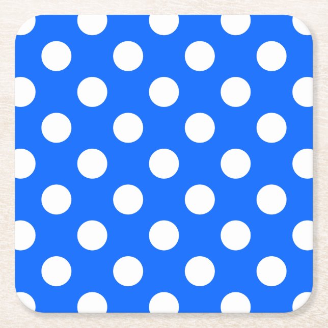 White polka dots on royal blue square paper coaster (Front)