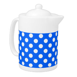White polka dots on royal blue teapot